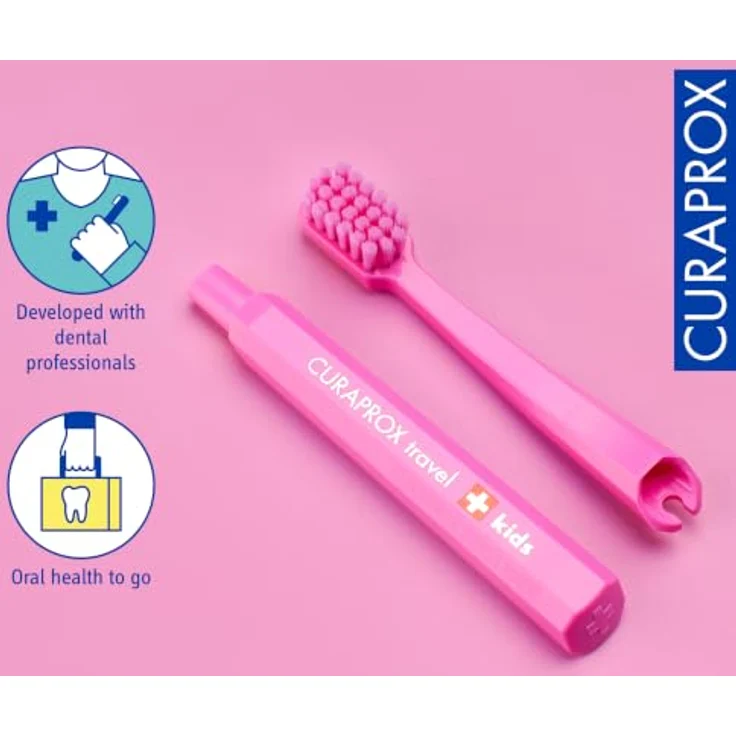 Curaprox Kids Travel Refill, Ersatzköpfe für Kinderzahnbürsten, pink, 2er Pack mit feinen Borsten und lustigem Design – Bild 4