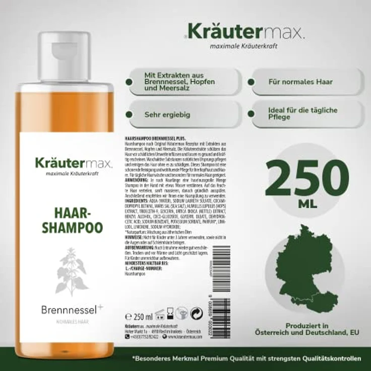 Kräutermax Brennnessel Shampoo Seife Pflegeshampoo mit Brennnesselextrakt 1 x 250 ml, natürlicher Schutz und Pflege für gesundes Haar – Bild 4