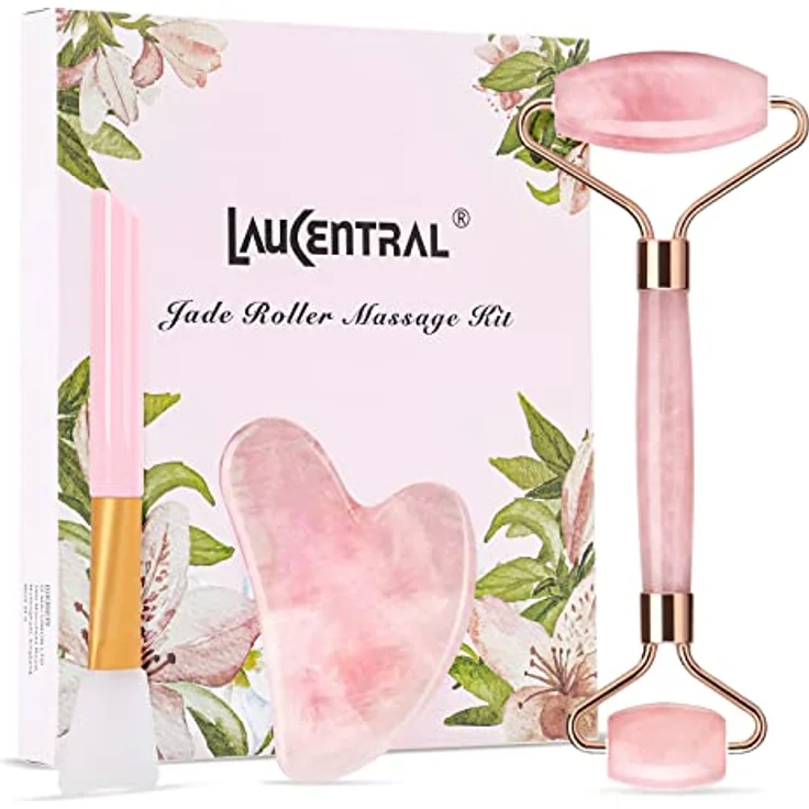 cofi1453 Massageroller & Gua Sha Set, 3-teiliges Beauty-Set aus Rosenquarz, gegen Falten & Schwellungen, fördert Durchblutung, unterstützt Lymphdrainage – Bild 1