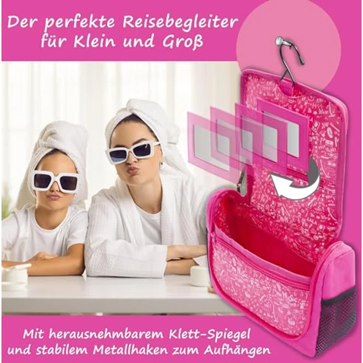 GRINSEZWERGE Kulturtasche für Kinder und Erwachsene, Reise Kulturbeutel mit 12 Motiven, große Kosmetiktasche zum Aufhängen, Waschbeutel mit 3 Reißverschlusstaschen und 4 Netztaschen, 25 x 20 x 8 cm – Bild 4