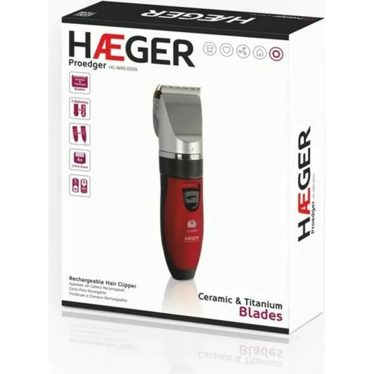 Haeger HC-WR3.007B, Haarschneider mit abnehmbarem Schneidekopf, Schnittlängen von 0,8 mm bis 2 mm, Schwarz-Rot-Silber