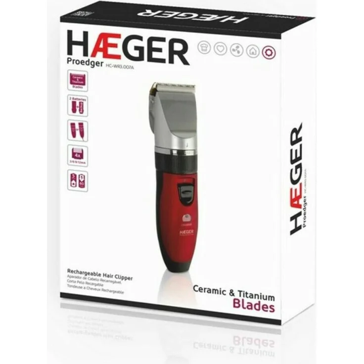 Haeger HC-WR3.007B, Haarschneider mit abnehmbarem Schneidekopf, Schnittlängen von 0,8 mm bis 2 mm, Schwarz-Rot-Silber