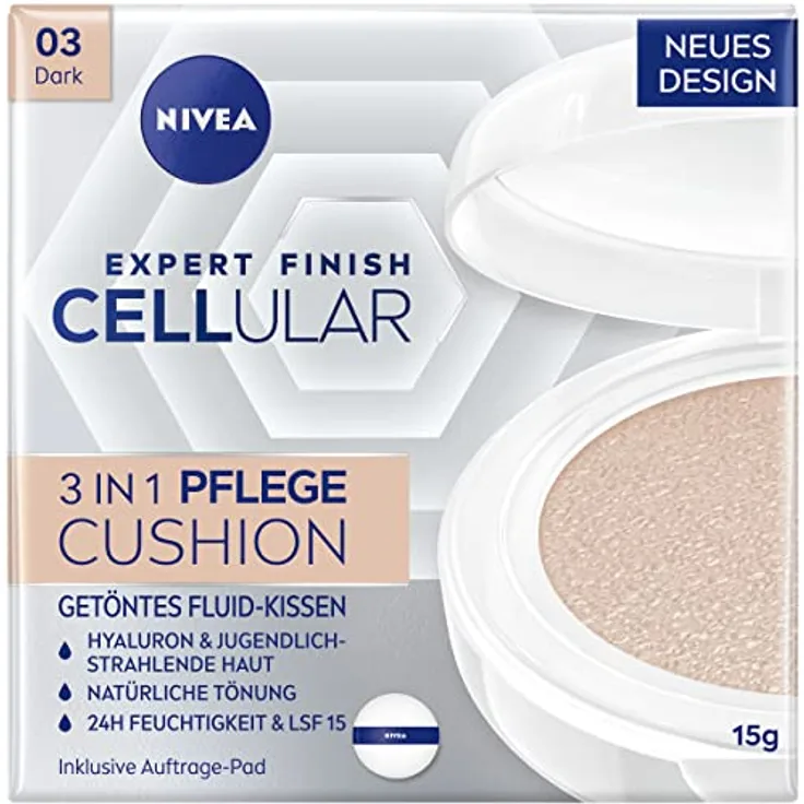NIVEA Cellular Expert Finish 3in1 Pflege Cushion für dunkle Hauttöne (15 g), Make-up mit Hyaluron, Kollagen-Booster und LSF 15, feuchtigkeitsspendende Cushion Foundation