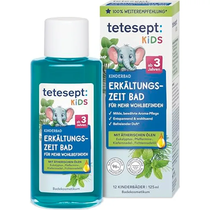 tetesept Kids Erkältungszeit Bad, 125 ml Kinderbad mit 4 ätherischen Ölen für Entspannung und Durchwärmung
