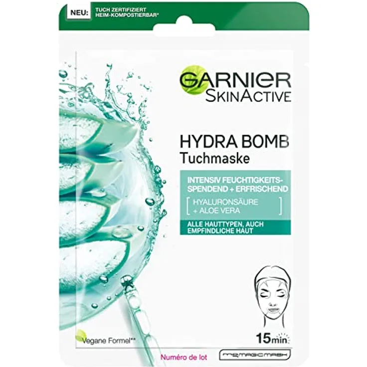 Garnier Tuchmaske, Gesichtsmaske für alle Hauttypen, Erfrischend und feuchtigkeitsspendend, Mit Hyaluronsäure und Aloe Vera, Hydra Bomb, 28 g