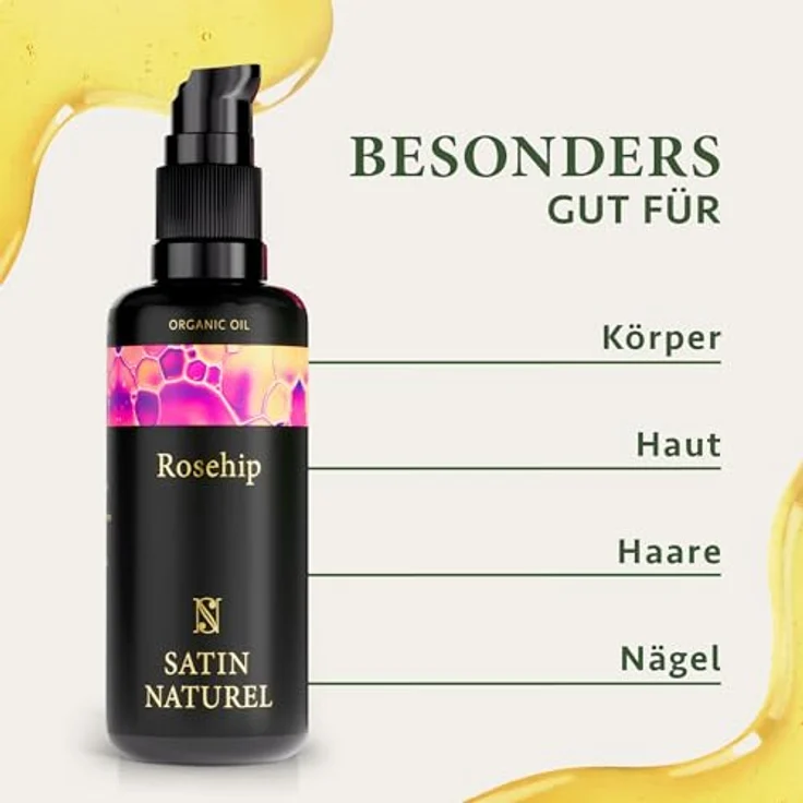 Satin Naturel Bio Hagebuttenöl 50 ml – 100% reines, kaltgepresstes Hagebuttenöl (Rosa Canina) – Gesichtsöl & Körperöl mit Anti-Falten-Wirkung für trockene Haut – Bild 2