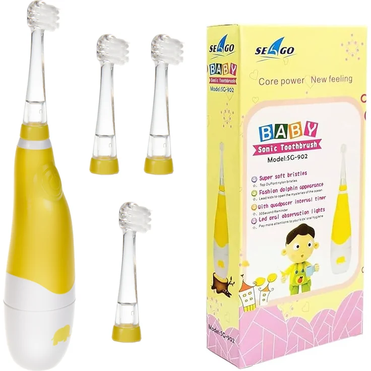 Seago Schallzahnbürste SG-902, Kinderzahnbürste mit 4 Aufsteckbürsten, gelb, IPX7 wasserdicht, 2-Minuten-Timer, DuPont Nylonborsten