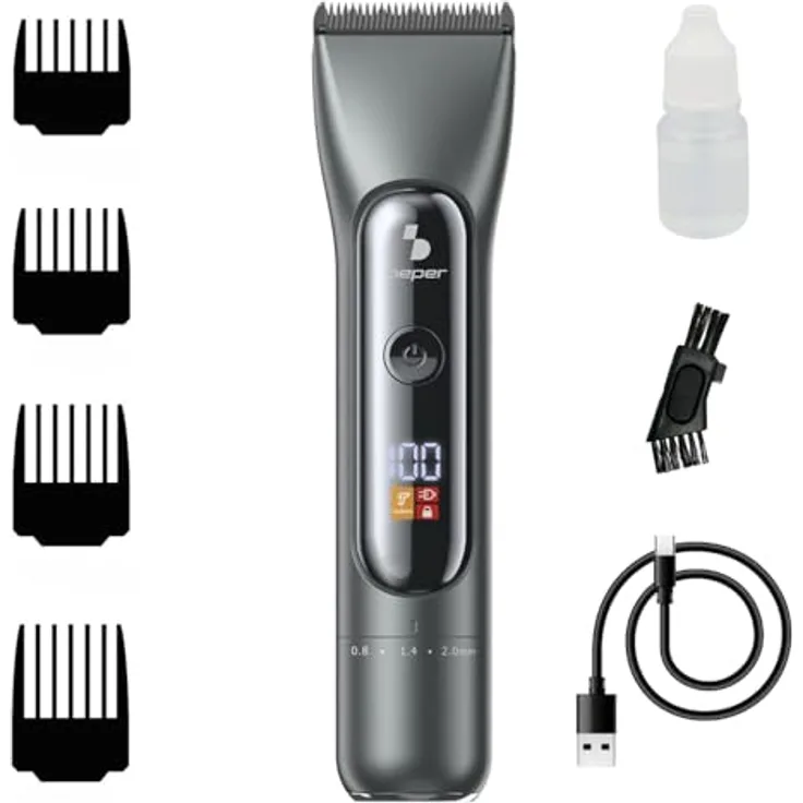 BEPER P304CAP010 Professionelle Herren-Haarschneidemaschine, Titan- und Keramikklingen, LED-Display, 4 Kämme, 2 Geschwindigkeiten, 3h Akku, USB-C, kabelgebunden