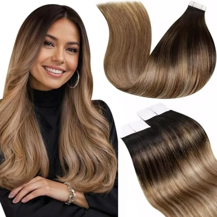 LaaVoo Balayage Echthaar Tape in Extensions, 100% Remy Echthaar, Dunkelstes Braun bis Hell Goldbraun, 20 Strähnen, 50g, 35cm