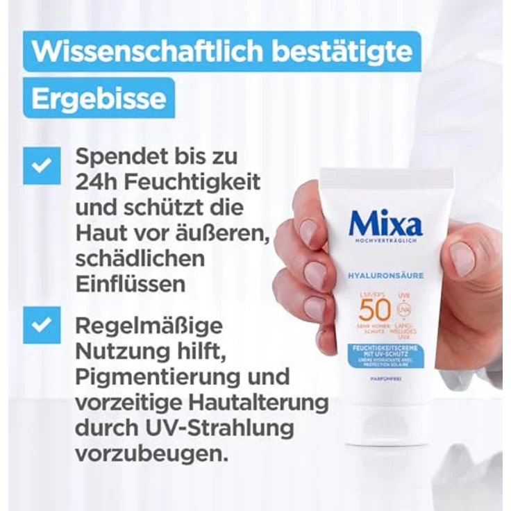 Mixa UV 50 Hydrating Care, Gesichtscreme für sensible Haut, Schutz vor UVB + UVA + Long UVA, SPF 50, mit Hyaluronsäure, hypoallergen, 50 ml – Bild 5