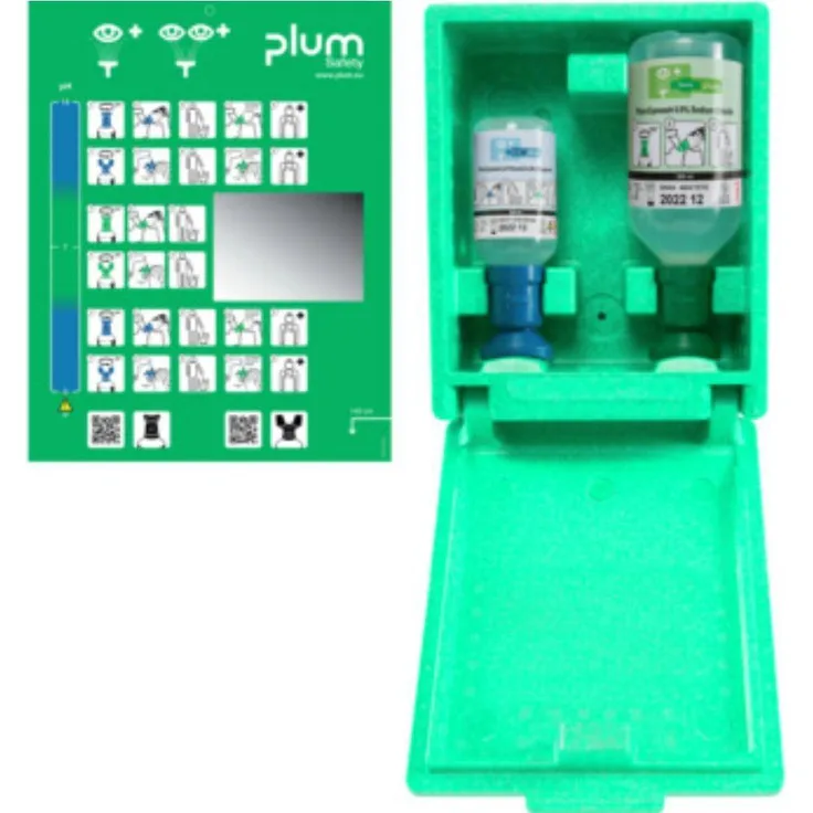 Plum Augennotfallstation 4789, Kombi-Station mit 1x200 ml pH neutral und 1x0,5 l Augenspülung, Wandbox für Industrieanwendungen
