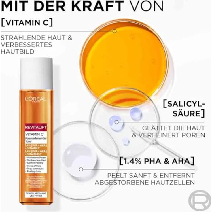 L’Oréal Paris Revitalift Vitamin C Toner, porenverfeinerndes Gesichtswasser mit 1.4 % PHA und AHA, 180 ml – Bild 3