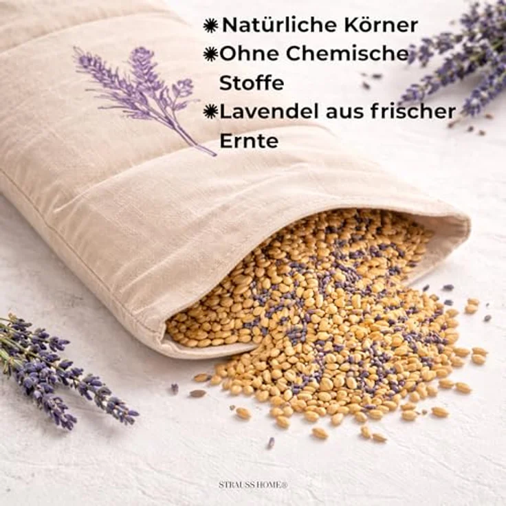 Strauss Home® Körnerkissen groß – Mikrowellengeeignetes Wärmekissen mit natürlichen Weizenkörnern und Lavendel für Nacken, Schultern und Rücken – 20x50 cm – Bild 5