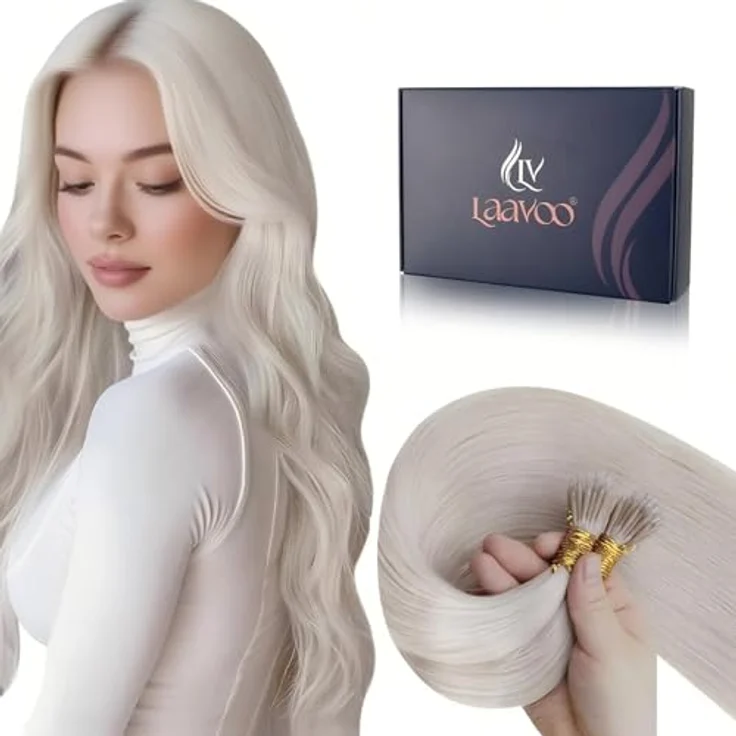LaaVoo Nanoring Extensions Echthaar Platinblond, 35cm, 50g, 50 Strähnen, natürliche Haarverlängerung ohne Hitze – Bild 1