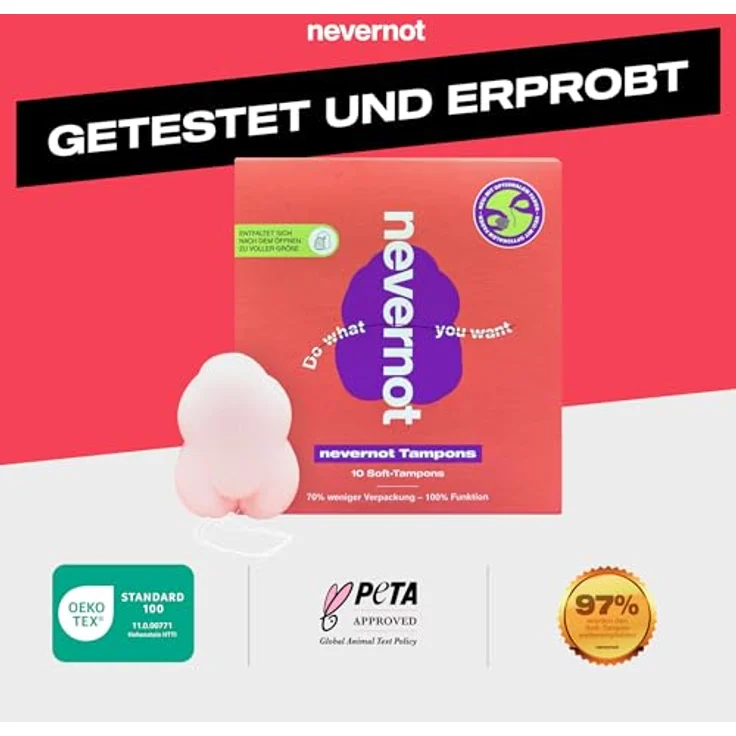nevernot Soft-Tampons, vakuum-verpackte Tampons im 10er-Pack, 100 % Funktion mit optionalem Faden, schadstofffreier Schaumstoff, OEKOTEX® Standard 100 – Bild 9