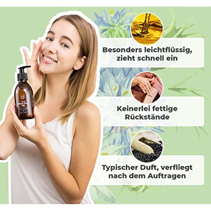 Bionoble Schwarzkümmelöl Bio 100ml - Glasflasche + Pipette + Pumpe - 100% Kaltgepresst und Ungefiltert - Gesicht, Körper, Haare - Ägyptisches Schwarzkümmel Öl - Vegan Organic Black Seed Oil – Bild 3
