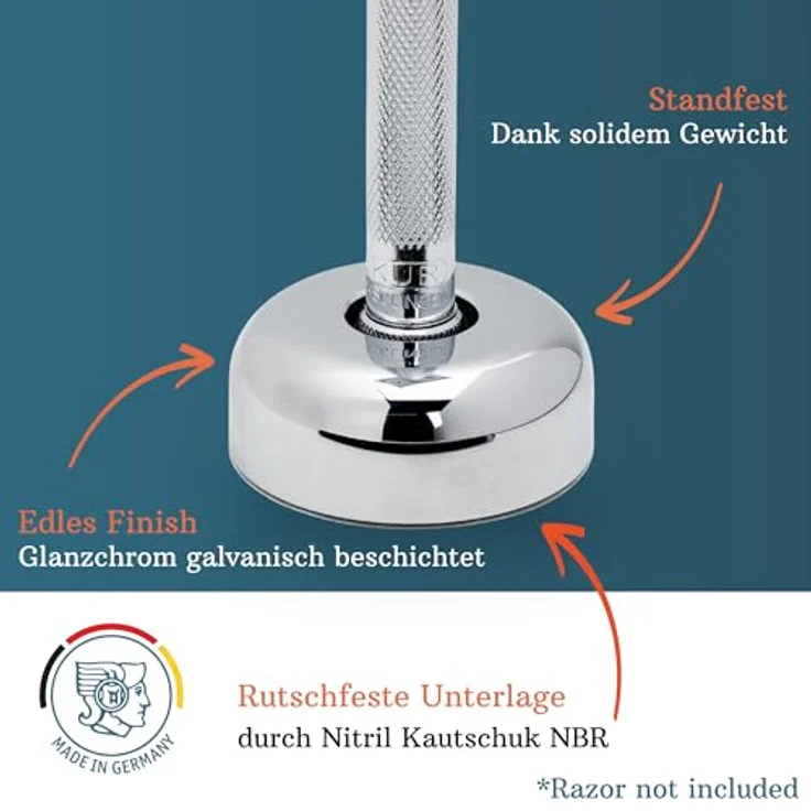 MERKUR Rasierständer 4006, rutschfest, Glanzchrom, für Rasierhobel 15C, 23C, 24C, 25C, 33C, 34C, 37C, Messing, Made in Germany – Bild 2