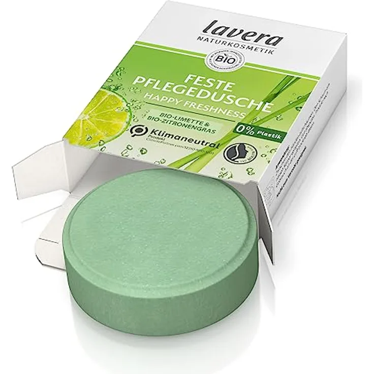 lavera Feste Pflegedusche Happy Freshness - mit Bio-Limette und Bio-Zitronengras - 3x ergiebiger als flüssiges Duschgel - Naturkosmetik 50g