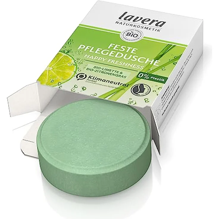 lavera Feste Pflegedusche Happy Freshness - mit Bio-Limette und Bio-Zitronengras - 3x ergiebiger als flüssiges Duschgel - Naturkosmetik 50g – Bild 1