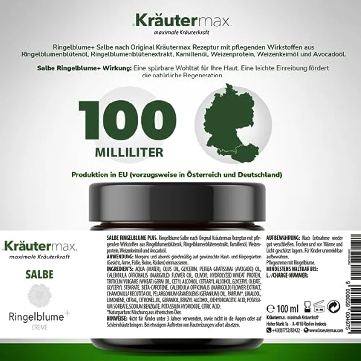Kräutermax Ringelblume Salbe Ringelblumensalbe Rein Ohne Zusatzstoffe Calendula 1 x 100 ml, Pflegende Wirkstoffe aus Ringelblumen Blütenextrakt, Kamillenöl Ätherisch und Avocadoöl Kaltgepresst – Bild 2