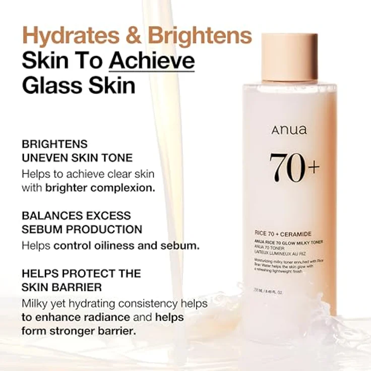 Anua Rice 70+ Glow Milky Toner, feuchtigkeitsspendendes Gesichtstonikum zur Verjüngung der Haut, 250 ml – Bild 3