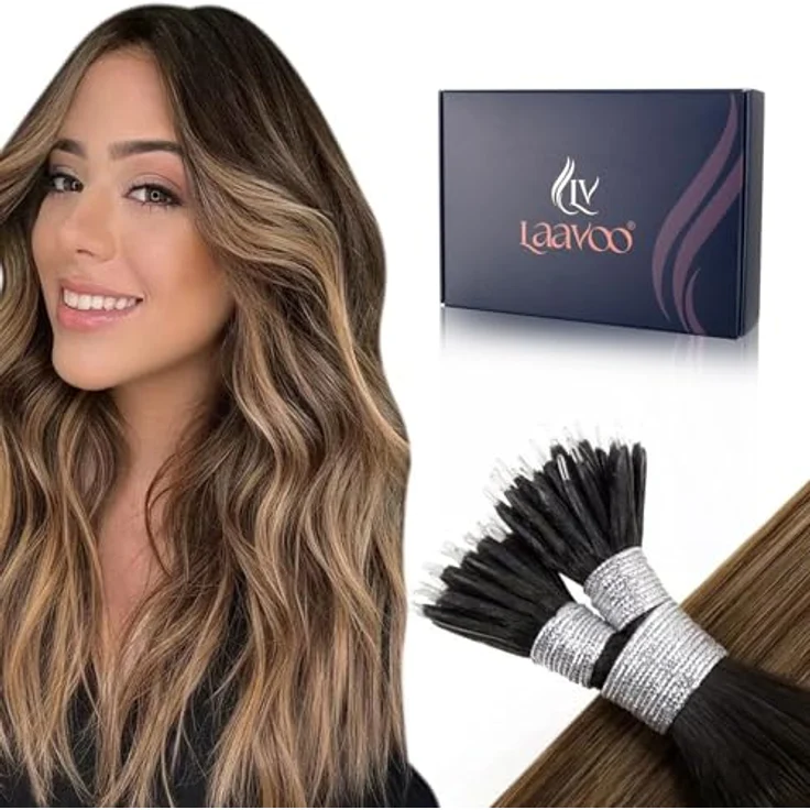 LaaVoo Balayage Echthaar Nanoring Extensions 35 cm, Dunkelstes Braun mit Mittel Braun und Aschblond, Cold Fusion Ombre, 50 Stück/Set – Bild 1