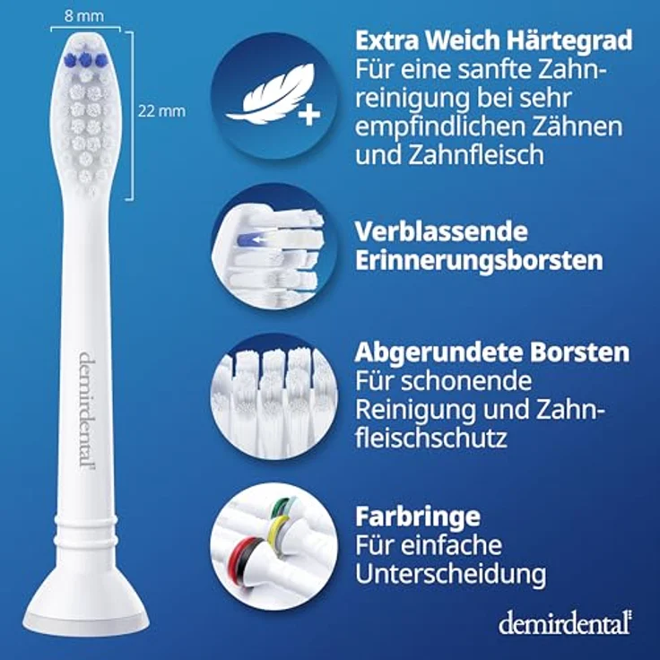 Demirdental 8er-Pack Aufsätze Extra Soft für Philips Sonicare Zahnbürstenaufsatz ProResults, HX6058e Ersatzbürsten designed in Berlin, extra Weiche Borsten  – Bild 6