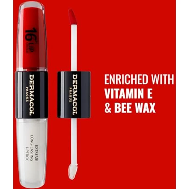 Dermacol 16H Lip Colour, langlebiger, glänzender Lippenstift in Revenge Red, 2x4 ml mit hoher Pigmentierung und feuchtigkeitsspendender Formel – Bild 3