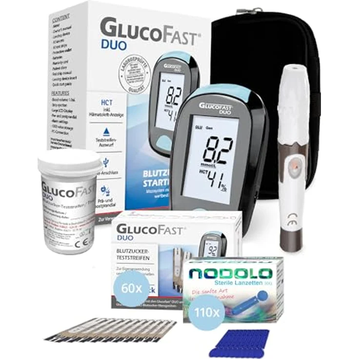 GLUCOFAST Duo Blutzuckermessgerät Bundle, inkl. 50 Teststreifen & 100 Lanzetten, präzise Diabeteskontrolle, benutzerfreundlich mit Speicherfunktion – Bild 1