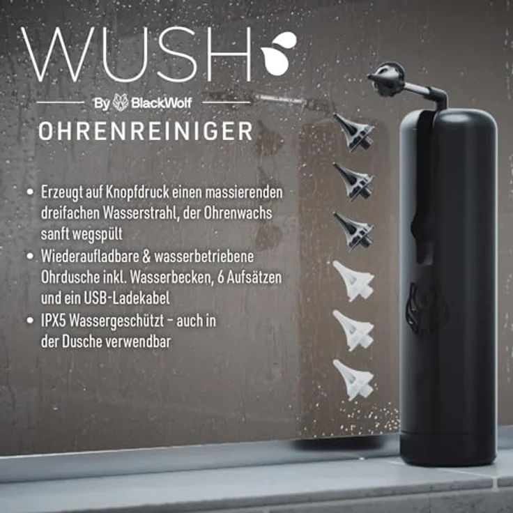 Mediashop Wush - elektrischer Ohrenreiniger inkl. 6 Ersatzspitzen - Ohrenschmalz Entferner - Ohrenspülung mit massierenden Wasserstrahl - wasserfestes Ohrspülgerät - wiederaufladbare Ohrendusche – Bild 3