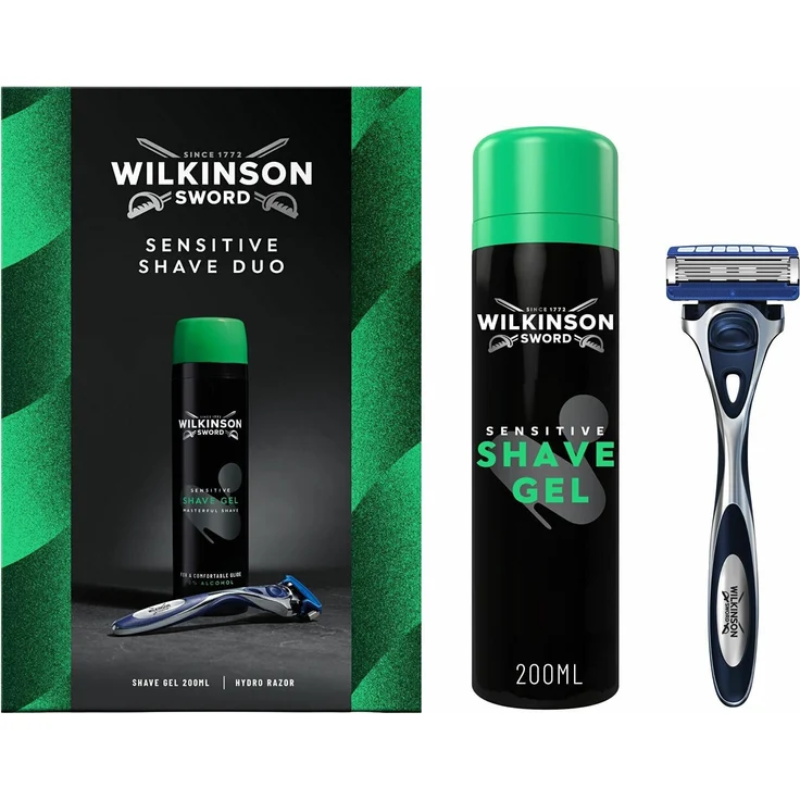 Wilkinson Sensitive Shave Duo, Nassrasierer mit 5 Klingen und 200 ml Rasiergel für empfindliche Haut