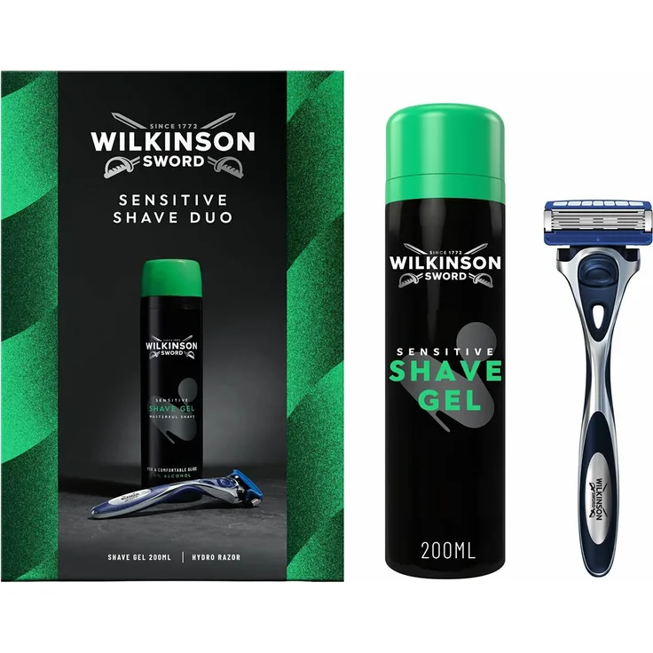 Wilkinson Sensitive Shave Duo, Nassrasierer mit 5 Klingen und 200 ml Rasiergel für empfindliche Haut