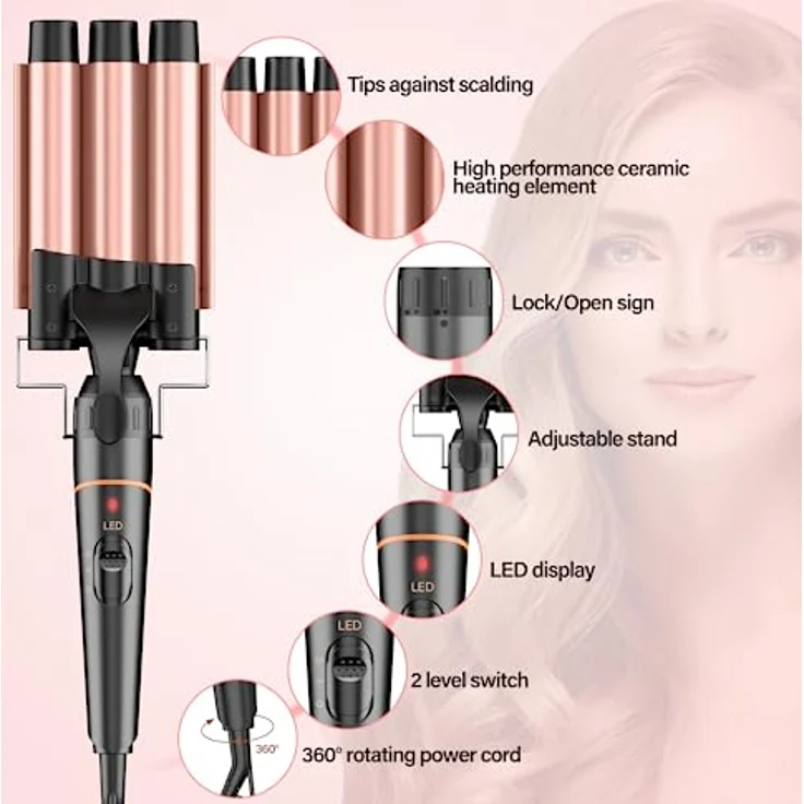 BESTOPE PRO Lockenstab Set 5-in-1, 3 Keramikfässer für große Locken & Wellen, schnelles Aufheizen, 2 Temperaturstufen, inklusive Hitzeschutzhandschuh & Clips, Dual Voltage – Bild 4
