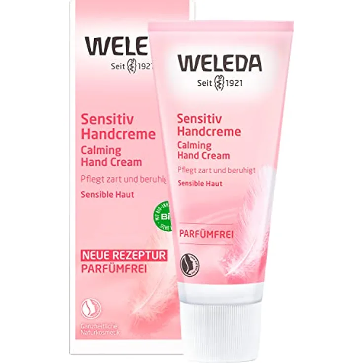 WELEDA Bio Handcreme Sensitiv - parfümfreie Naturkosmetik Handpflege Creme für sensible, empfindliche Haut, Nachhaltige, vegane Feuchtigkeitscreme mit Jojobaöl & Kokosöl für Frauen & Männer (1x50ml)