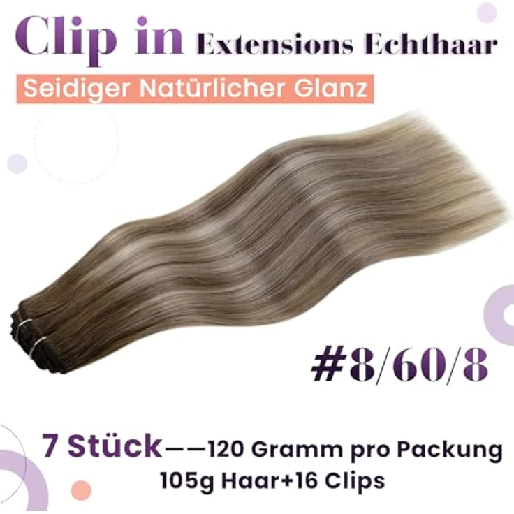 LaaVoo Clip in Extensions Echthaar, Balayage Blond, Ombre Platinblond, 40 cm, 105 g, 7 Stück, #8/60/8 – Bild 3