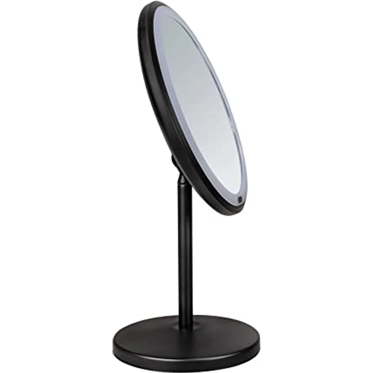 WENKO LED Stand-Kosmetikspiegel Onno, dimmbarer Spiegel mit LED-Beleuchtung und 5-fach Vergrößerung, Ein-/Ausschalten per Touch-Funktion, Betrieb mit Batterien oder USB-Kabel, 20x34x13,5 cm, Schwarz – Bild 2