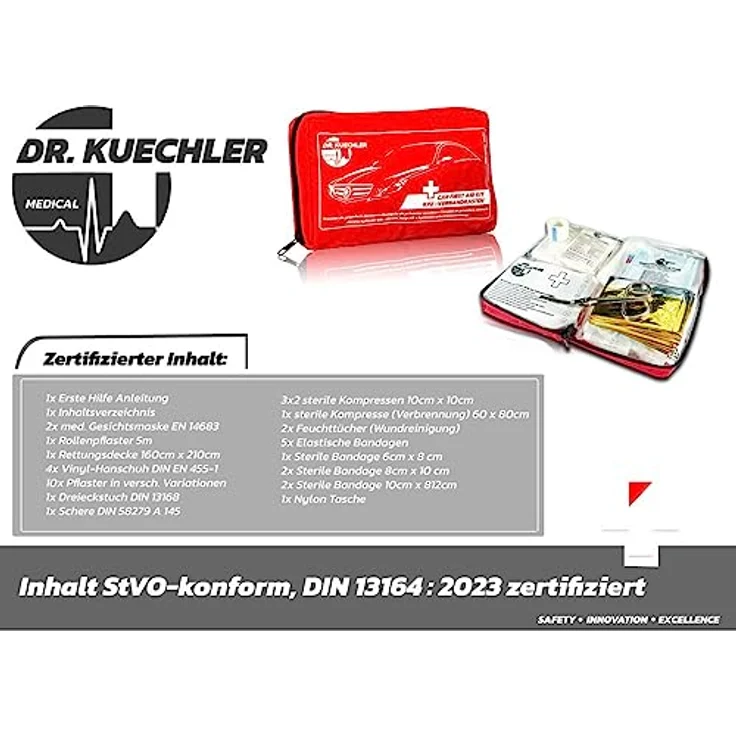 DR.KUECHLER MEDICAL KFZ Verbandstasche, vollständiges Erste Hilfe Set gemäß DIN Norm 13164, gültig für 2024, auto- und europatauglich, benutzerfreundlich – Bild 2