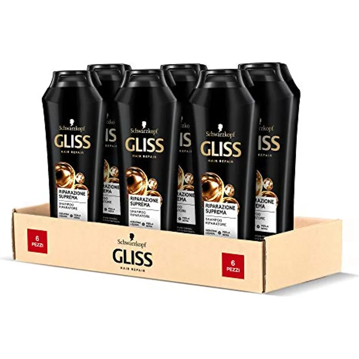 Schwarzkopf Gliss – Shampoo zur Reparatur – Intensive Reparatur – für beschädigtes Haar, mit flüssigem Keratin und schwarzer Perle, 6 Stück x 250 ml
