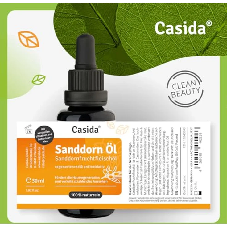 Casida Sanddornöl Sanddornfruchtfleischöl ätherisch, revitalisierendes Gesichtsserum, 30 ml – Bild 8
