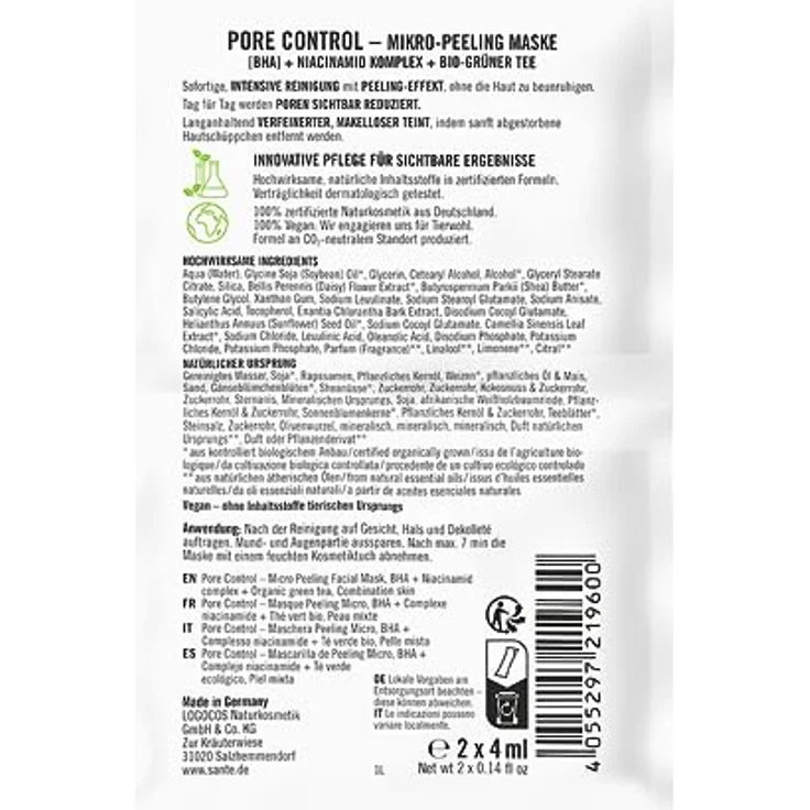 SANTE Naturkosmetik Pore Control BHA Mikro-Peeling Maske mit Bio-Grüner Tee, mattierender Komplex, 8ml – Bild 2