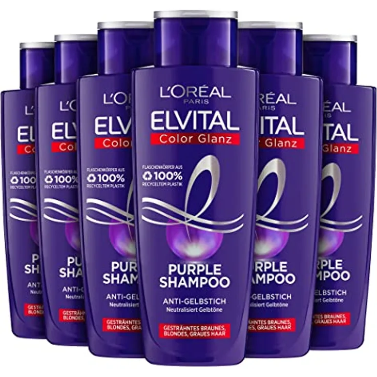 L'Oréal Paris Elvital Shampoo für blondes, gesträhntes, graues Haar, Neutralisiert Gelbtöne, Color Glanz Purple Silbershampoo für Anti-Gelbstich, 6 x 200 ml