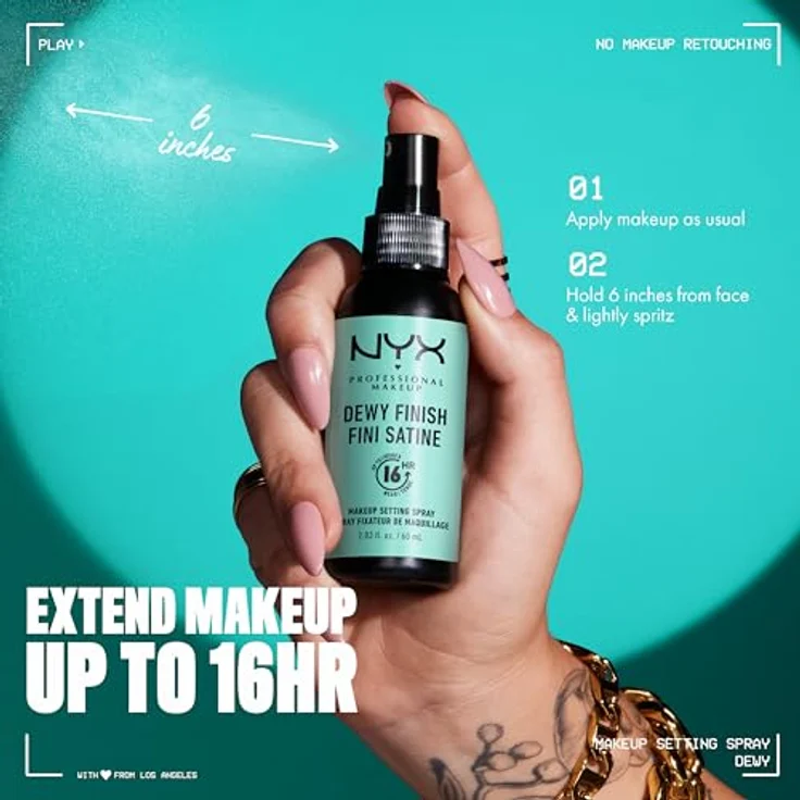 NYX Professional Makeup Setting Spray Dewy, Veganes Fixier-Spray mit leichter Formel, Taufrisches Finish, Maxi Größe 180 ml – Bild 4