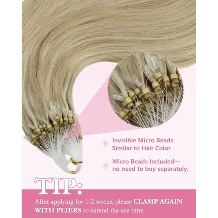 YoungSee Microring Extensions Blond Highlight, Echthaar 55cm, 50g Micro Loop Haarverlängerung, Kaltfusion 16/22, unsichtbare Befestigung, atmungsaktiv und pflegeleicht – Bild 4