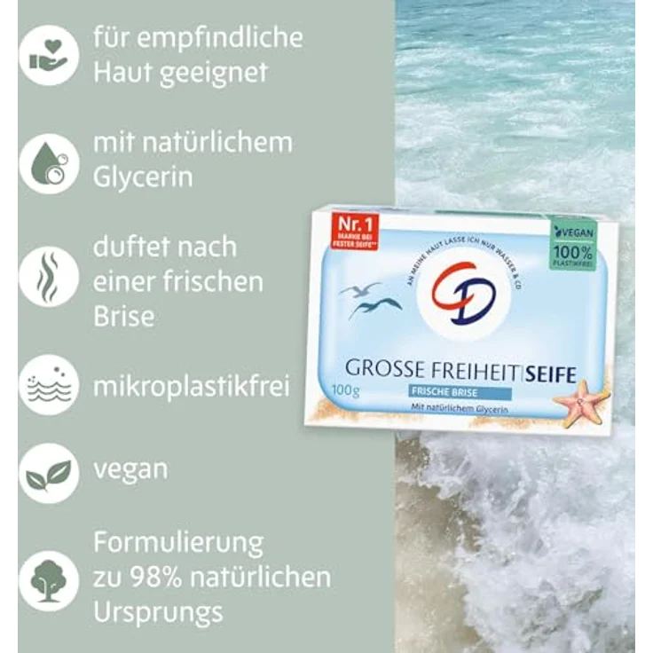 CD MILDE SEIFE GROSSE FREIHEIT "frische Brise", vegane Handseife ohne Mikroplastik, 100g, dermatologisch getestet für empfindliche Haut – Bild 4