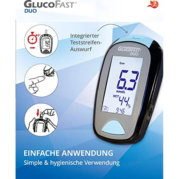GLUCOFAST Duo Blutzuckermessgerät Starter-Set, inkl. 10 Teststreifen & Lanzetten, präzise Blutmessung in mmol/L, kompakt und schmerzarme Anwendung – Bild 4