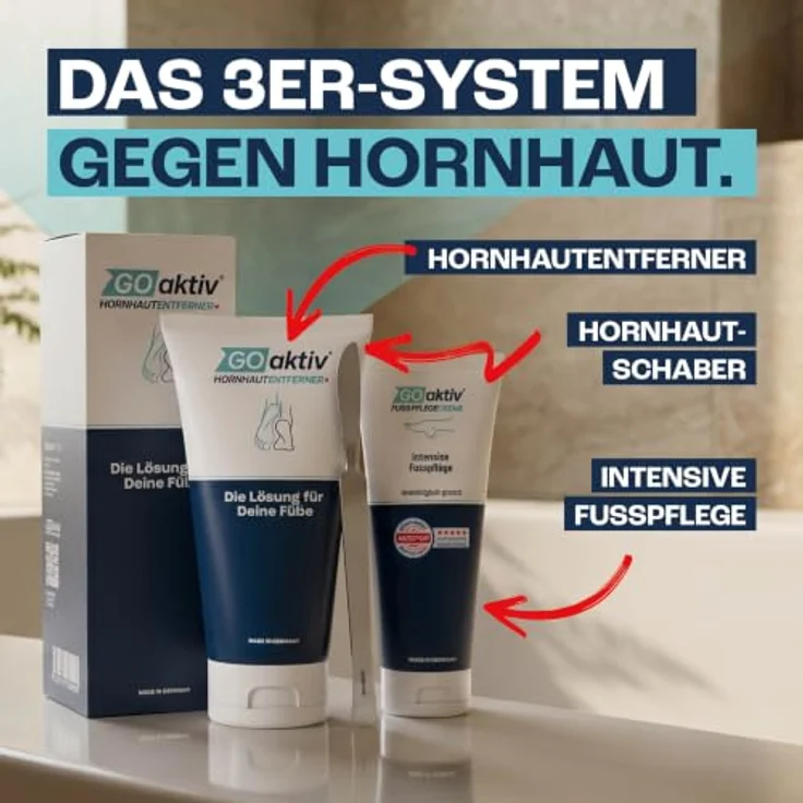 GOaktiv® Komfort Hornhautentferner Set, Gel 2x 200ml, Fußpflegecreme 2x 100ml, enthalten Hornhautschaber, dermatologisch , Made in Germany – Bild 2