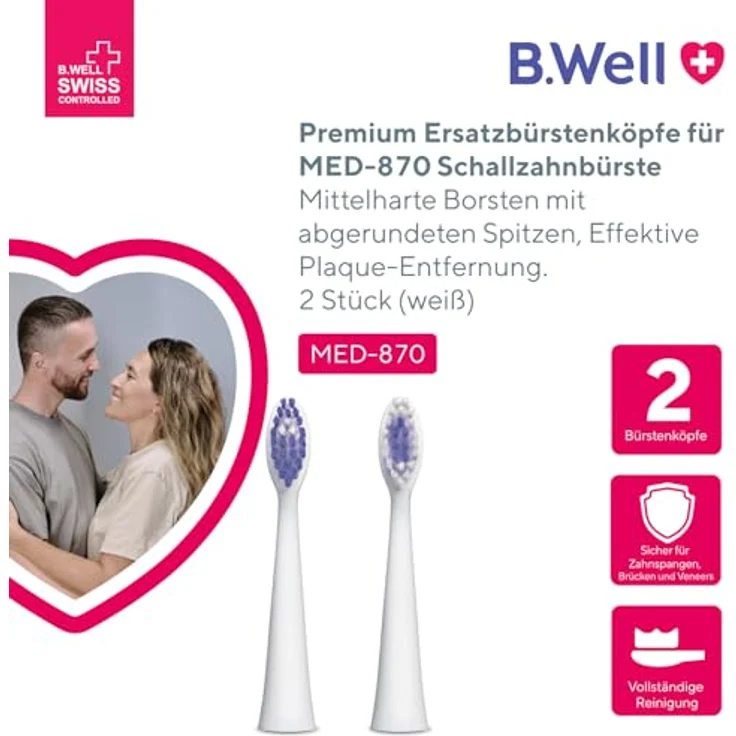 B.WELL Bürstenköpfe Brush Heads MED-870, 2er Pack mit DuPont Borsten, mittelstark, für elektrische Zahnbürsten, weiß – Bild 2