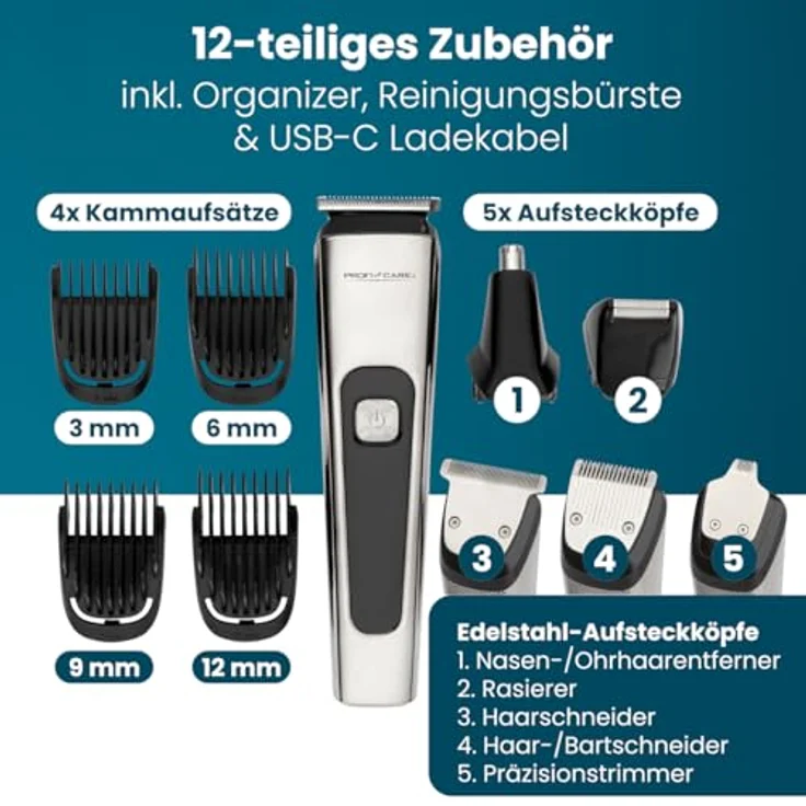 ProfiCare® Haarschneidemaschine PC HSMR 3143, 3-12mm Schnittlängen, 5 Edelstahl-Scherköpfe, bis zu 3 Std. Akkulaufzeit, inkl. Barttrimmer und Zubehör – Bild 4