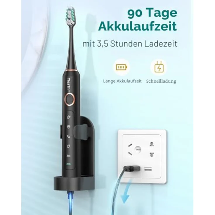 YTEATH PRO Elektrische Schallzahnbürste, 50.000 Vibrationen/min, 8 Köpfe, 5 Modi, IPX7 wasserdicht, Reiseetui, Tiefschwarz – Bild 4