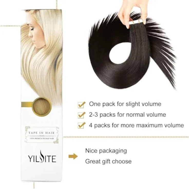 YILITE Tape Extensions Echthaar, Natürliches Schwarz 50cm, 20 Stück, 50g, Seidig und Gerade, Skin Weft, Wiederverwendbar – Bild 4